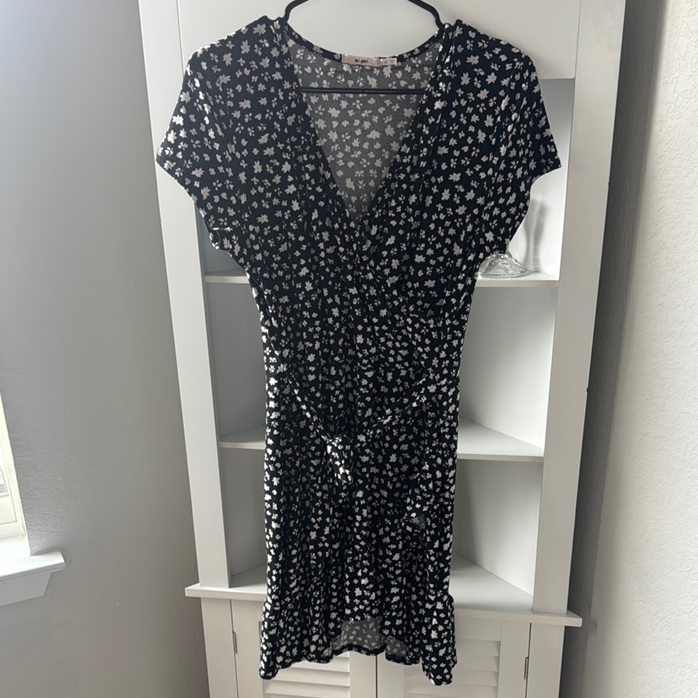 Floral Black and White Wrap Dress